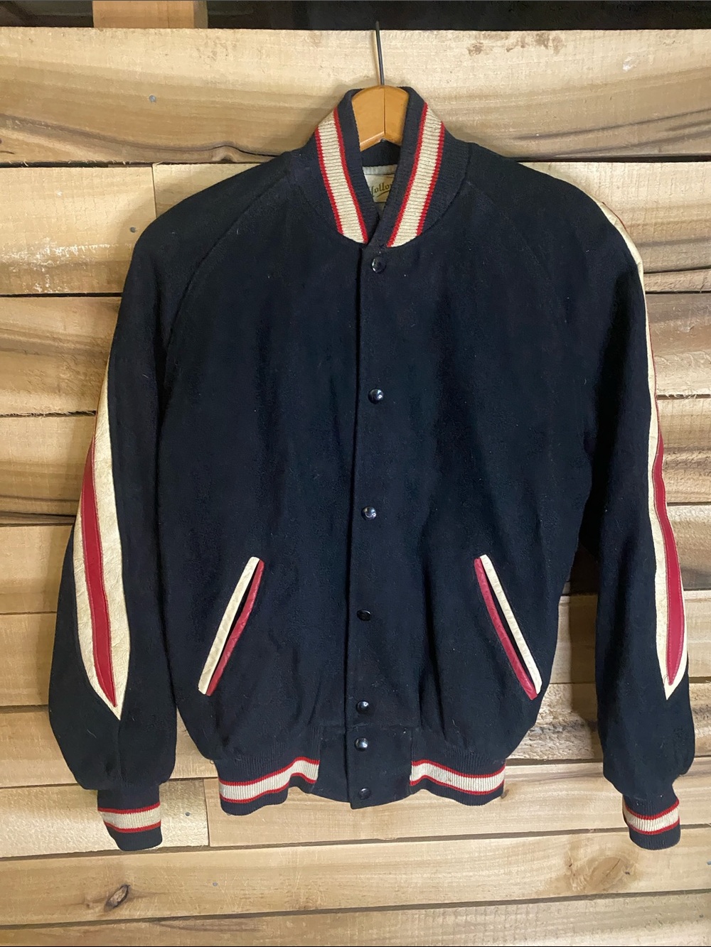 Vintage 60s Holloway Black Varsity letter Jacket Red white leather Trim 38 small